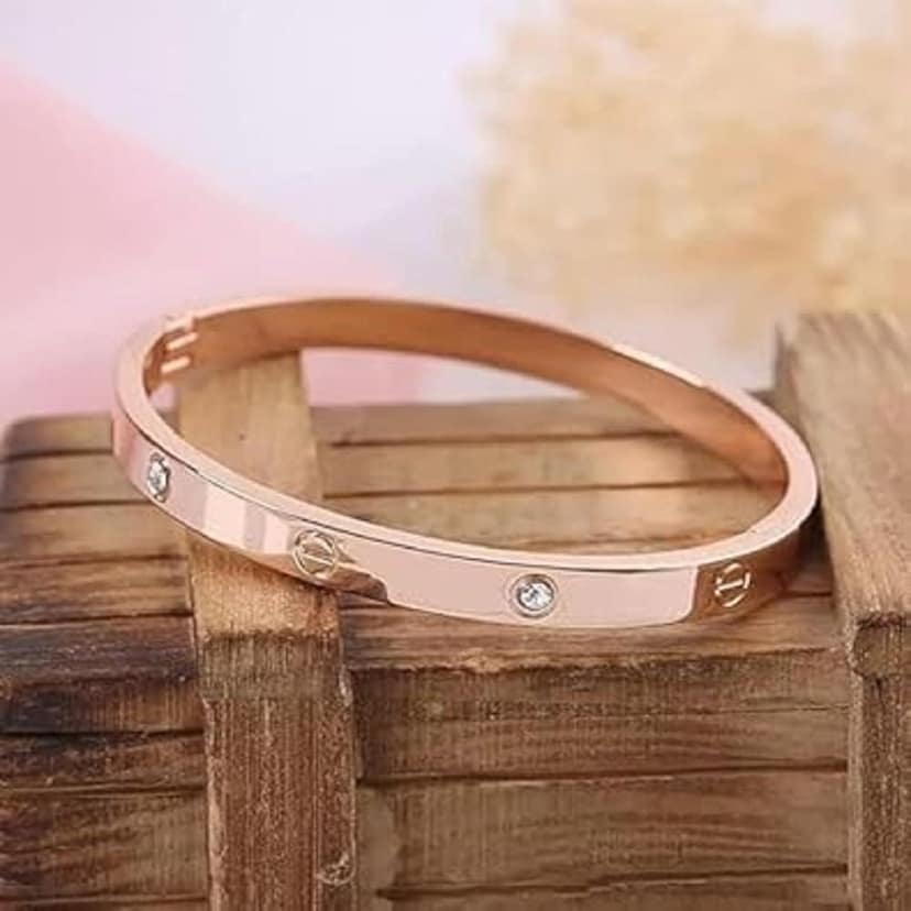 Classic Stainless Steel Love Band Bracelet | Anti-Tarnish, Cubic Zirconia Studded Bangle Kada | Latest Stylish Gifts for Women and Girls view 5
