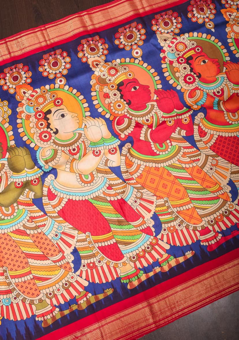 Blue Kalamkari ganesh theme Digital print Pure Silk saree with zari Border and ikkat pallu | SILK MARK CERTIFIED view 6