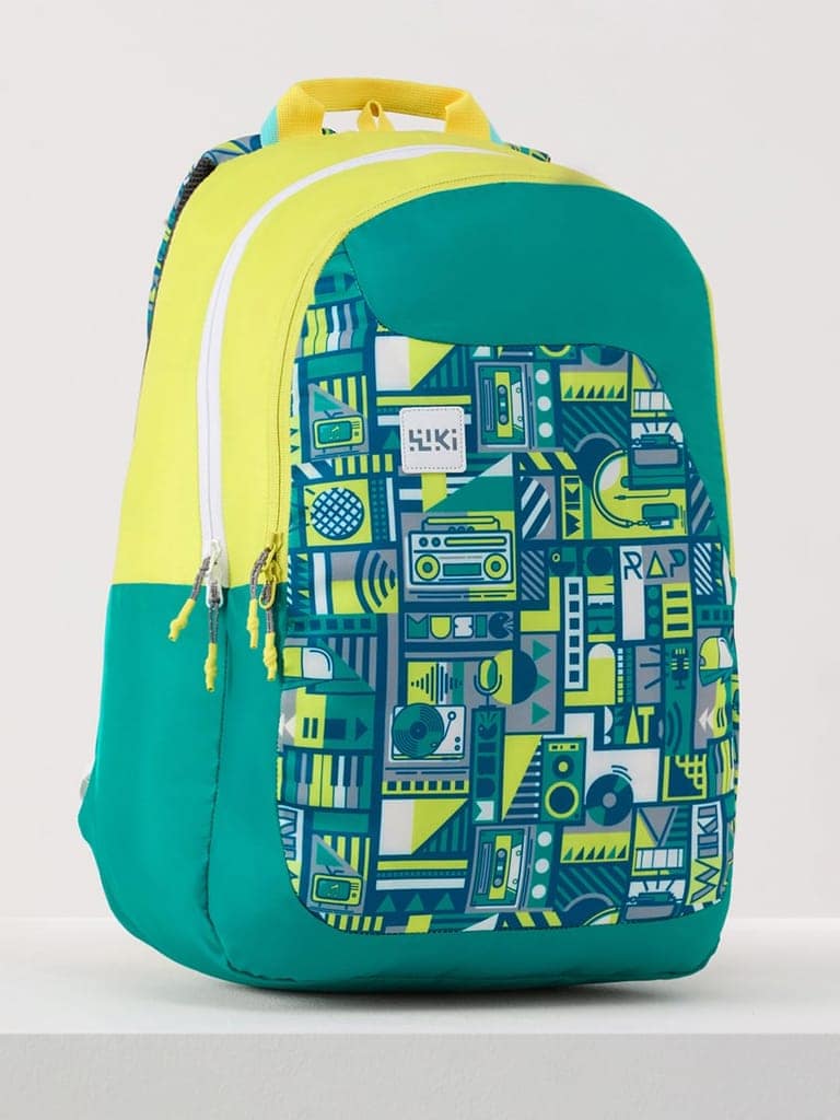 Wiki 1 30L Laptop Backpack for Men & Women | Fits 15.6 inch Laptop | Padded Shoulder Straps, Multi Compartments, Anti-Theft Zippers | School & College Bag | Music Pattern Lime view 3