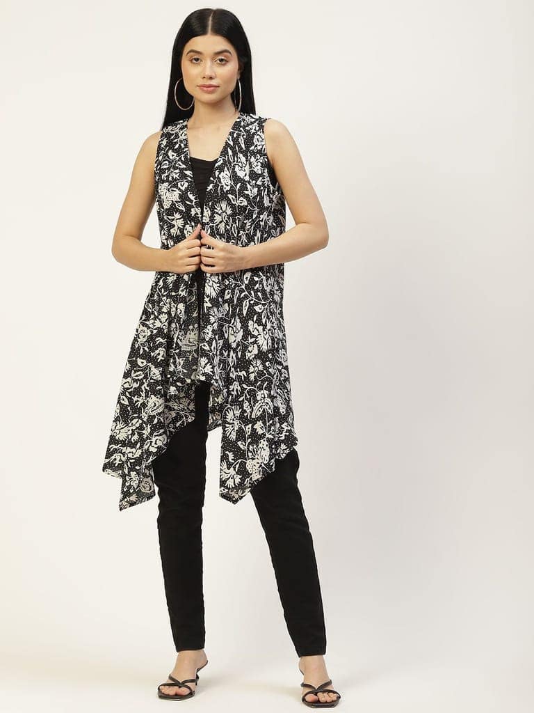 Women Black & Off White Printed Longline Waterfall Shrug