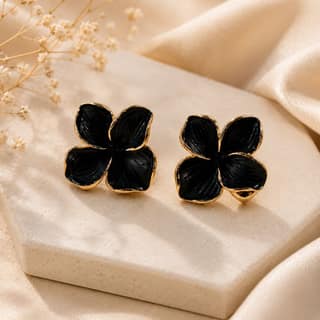 Elegantra Kpop Celebrity Style Anti-Tarnish Matte Black 3D Flower Stud Earrings for Women & Girls | 18K Gold Plated Waterproof Stainless Steel Floral Tops | Anti-Tarnish Premium Korean Western Jewelry
