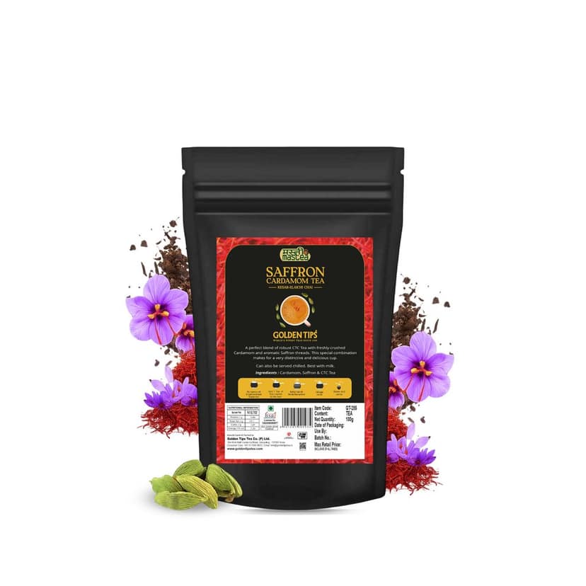 Golden Tips Saffron(Kesar) Cardamom (Elaichi) Exotic Indian Masala Chai CTC Black Tea (100 Gram, 50 cups)