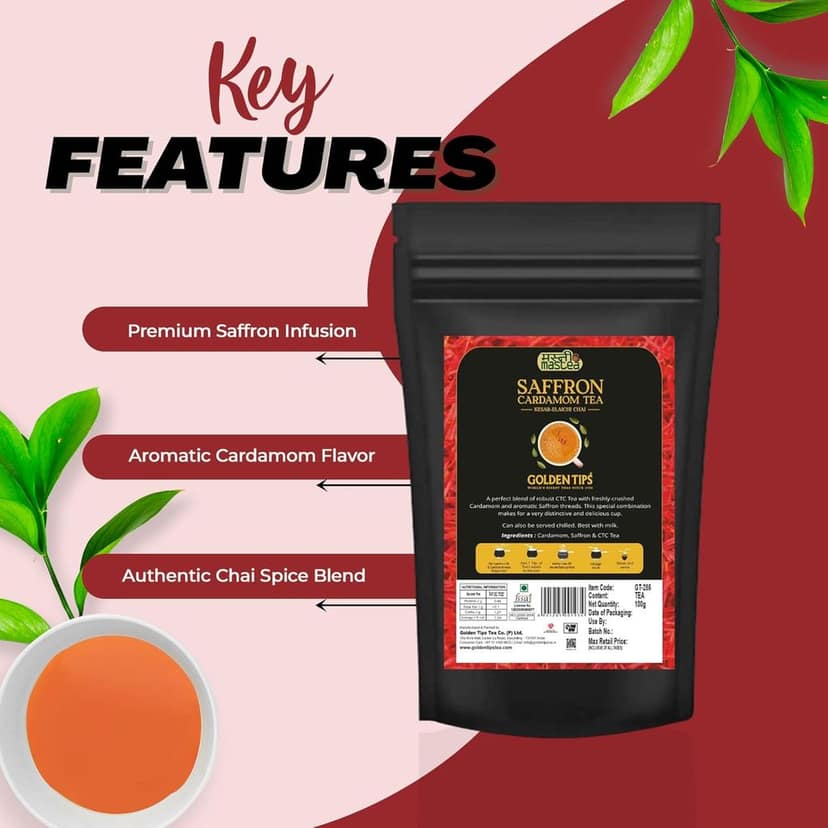 Golden Tips Saffron(Kesar) Cardamom (Elaichi) Exotic Indian Masala Chai CTC Black Tea (100 Gram, 50 cups) view 4