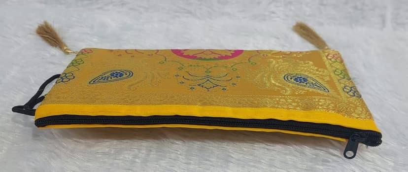 Traditional Yellow Brocade Clutch Bag with Tassels for Women view 3
