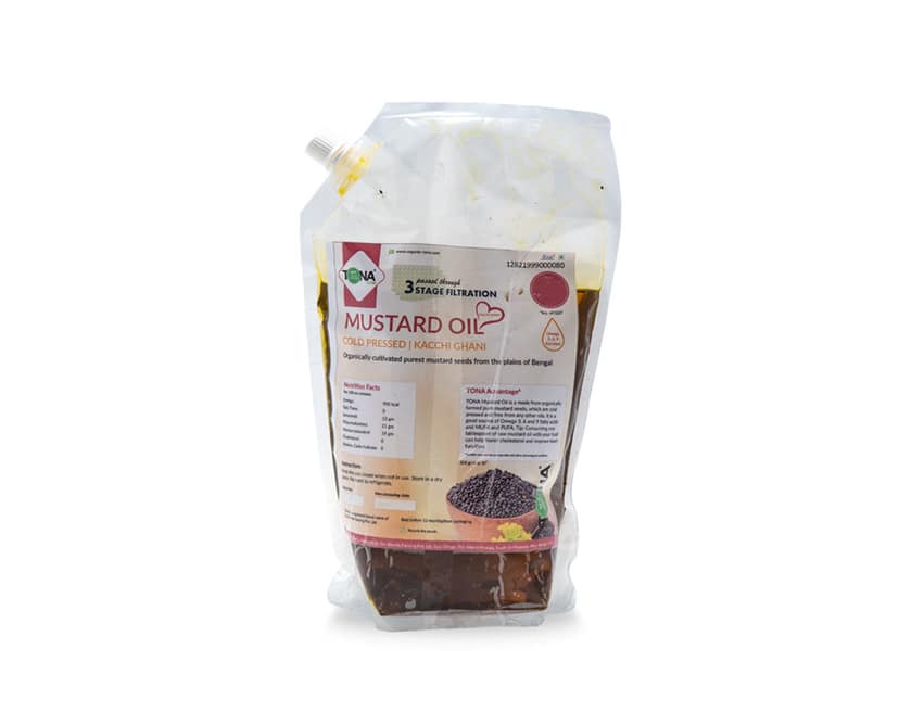 Tona Organic Cold Pressed Lite Mustard Oil (Spout Packet), 1 L