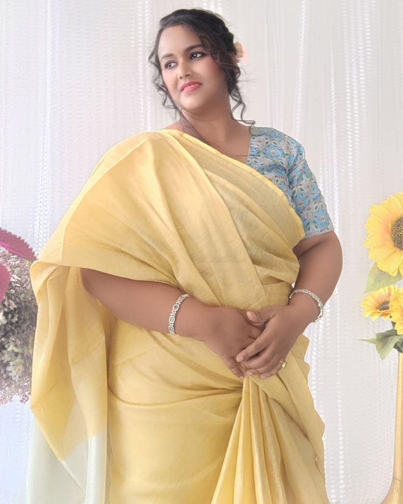 Pure Tissue Linen Hand Dyed Saree Yellow Color with running blouse-6432 view 2