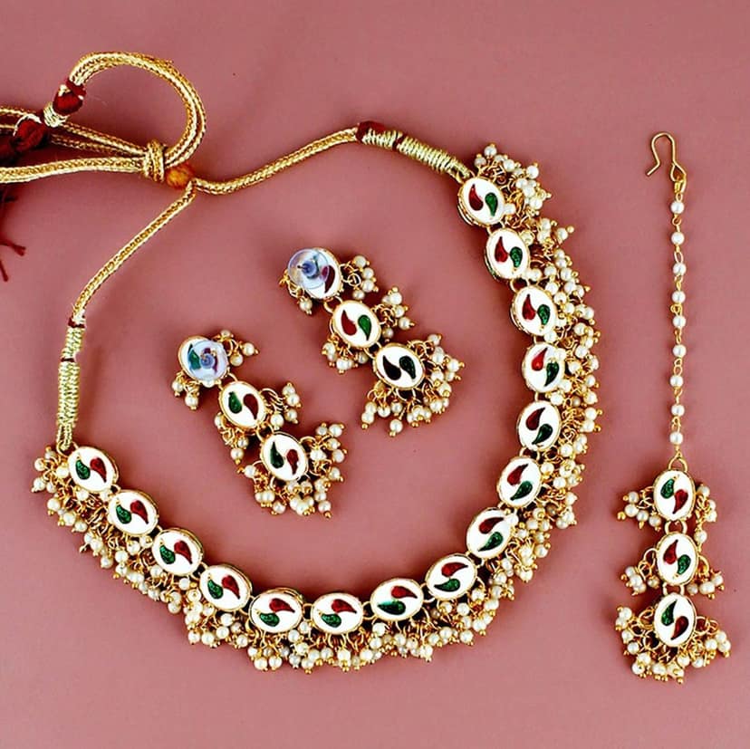 LUCKY JEWELLERY Back Meenakari 18k Gold Plated White Color Tika Earring Combo Uncut Big Faux Kundan Choker Necklace set (796-J5SK-1811-W) view 2