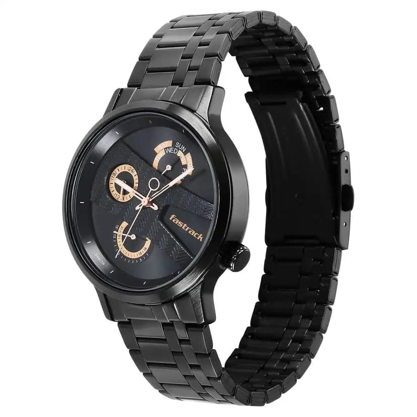 Fastrack Exuberant Quartz Multifunction Black Dial Stainless Steel Strap Watch for Guys view 2