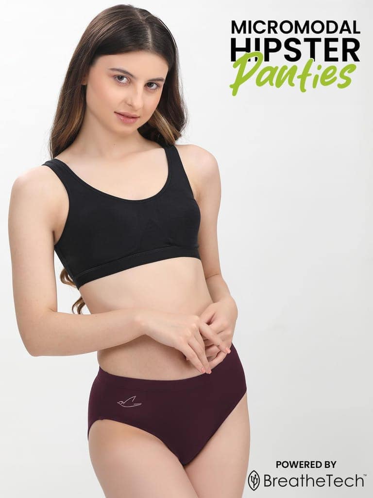 Freecultr Women’s Micromodal Mid-Rise Hipster | Super Soft & Breathable Fabric | Medium Rear Coverage | Comfortable Stretch Elastic | Pack of 3 |Color - Port Wine,Pink,Clay view 8