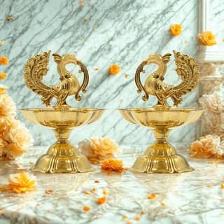 CraftVatika Pure Brass Diya, Peacock Design Brass Diya Set of 2, Kuthu Vilakku for Home Diwali Decor Items, Oil