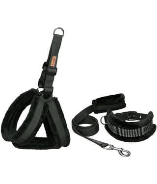 Petshop7 Nylon Dog Harness , Dog Collar & Leash Set with Fur Large(Chest Size - 29 - 35inch) Black