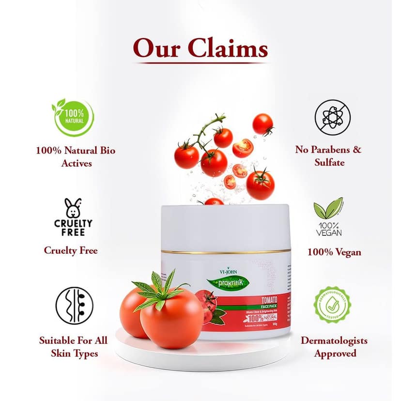 VI-JOHN Prakritik Tomato Face Pack for Men & Women | 100g | Clear & Brightening Skin | 100% Natural Bio Actives | Cruelty-free | Paraben Free | Vegan | Dermatologist Approved | All Skin Types view 7