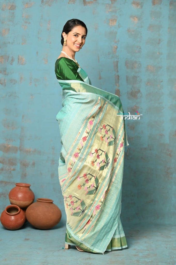 Tyohaar ~ Handloom Pure Cotton Paithani With Revival Asawali Pallu ~ Sea Blue view 3