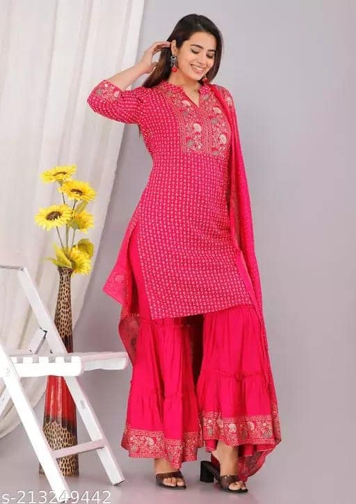Women Rayon Straight Long Kurti With Pant And Dupatta ( Pink ) view 3