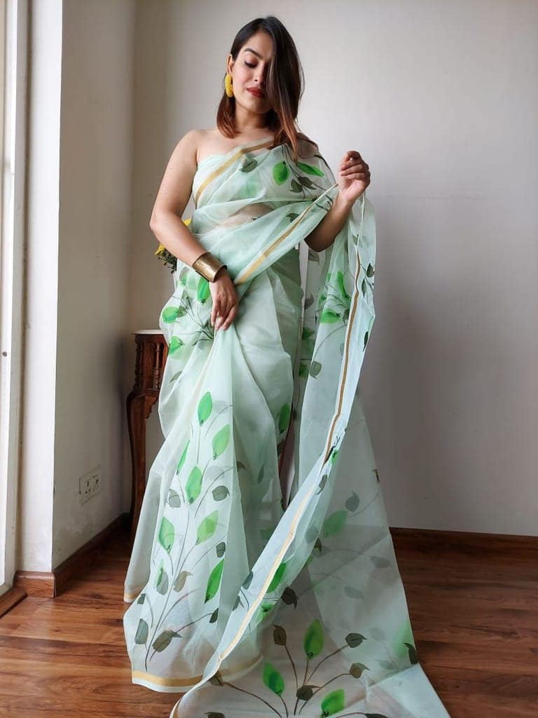 Organza Silk Saree Off-White Color Hand Painted with running blouse-7770 view 2