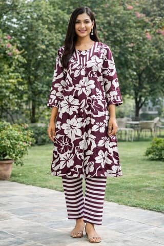Purple Floral Cotton Kurti Pant Set for Women | V-Neck Printed Kurti with Striped Pants | Casual Daily Wear
