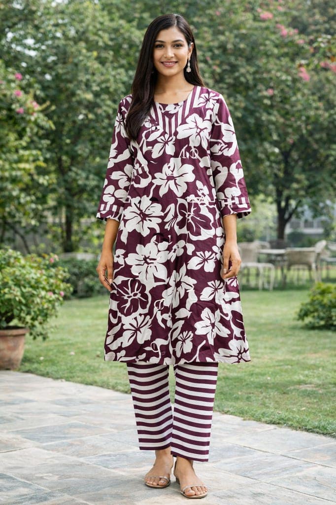 Purple Floral Cotton Kurti Pant Set for Women | V-Neck Printed Kurti with Striped Pants | Casual Daily Wear
