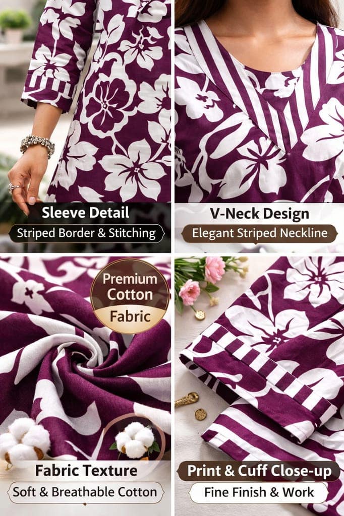 Purple Floral Cotton Kurti Pant Set for Women | V-Neck Printed Kurti with Striped Pants | Casual Daily Wear view 4