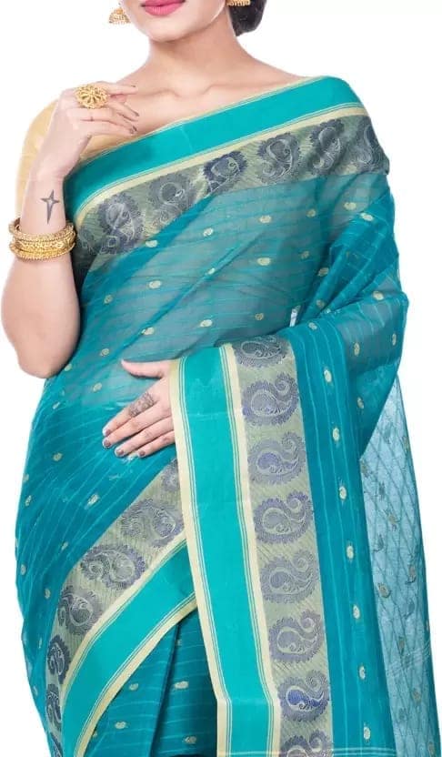 GitAsit Self Design, Woven Tant Pure Cotton Saree (Light Green)