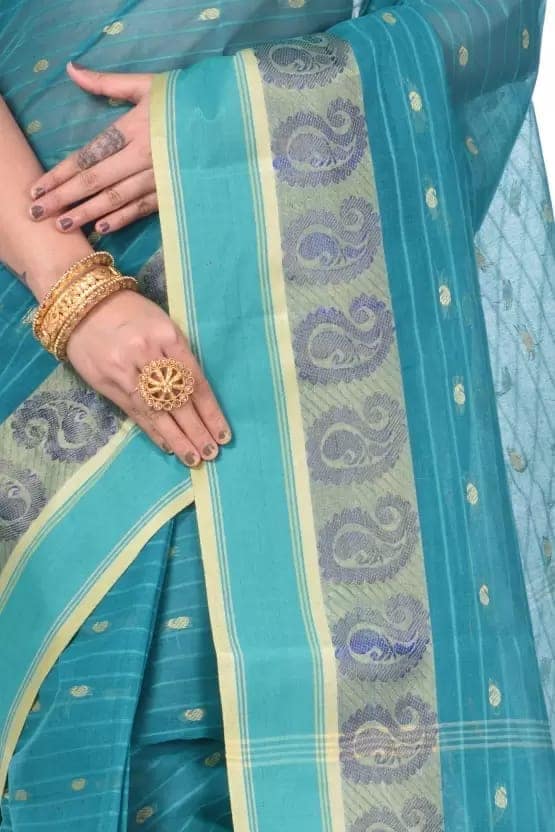 GitAsit Self Design, Woven Tant Pure Cotton Saree (Light Green) view 3