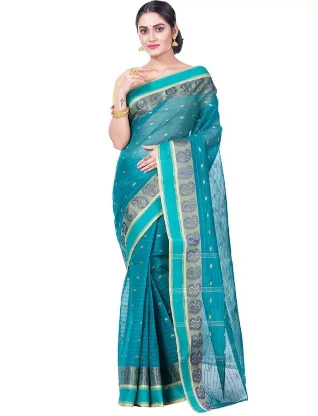 GitAsit Self Design, Woven Tant Pure Cotton Saree (Light Green) view 5