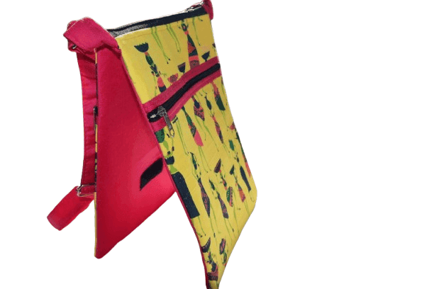 Yellow Tribal Art Print Cotton Sling Bag with Adjustable Red Strap view 2