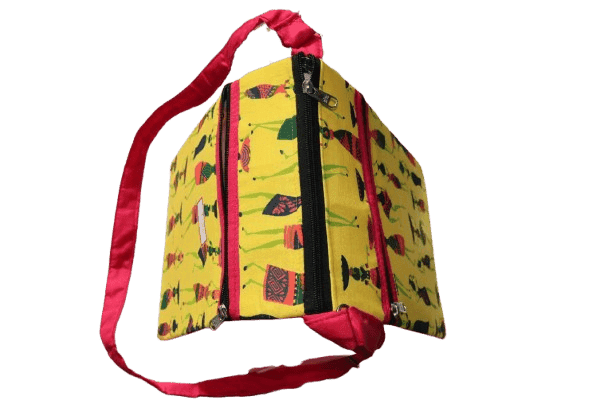 Yellow Tribal Art Print Cotton Sling Bag with Adjustable Red Strap view 3