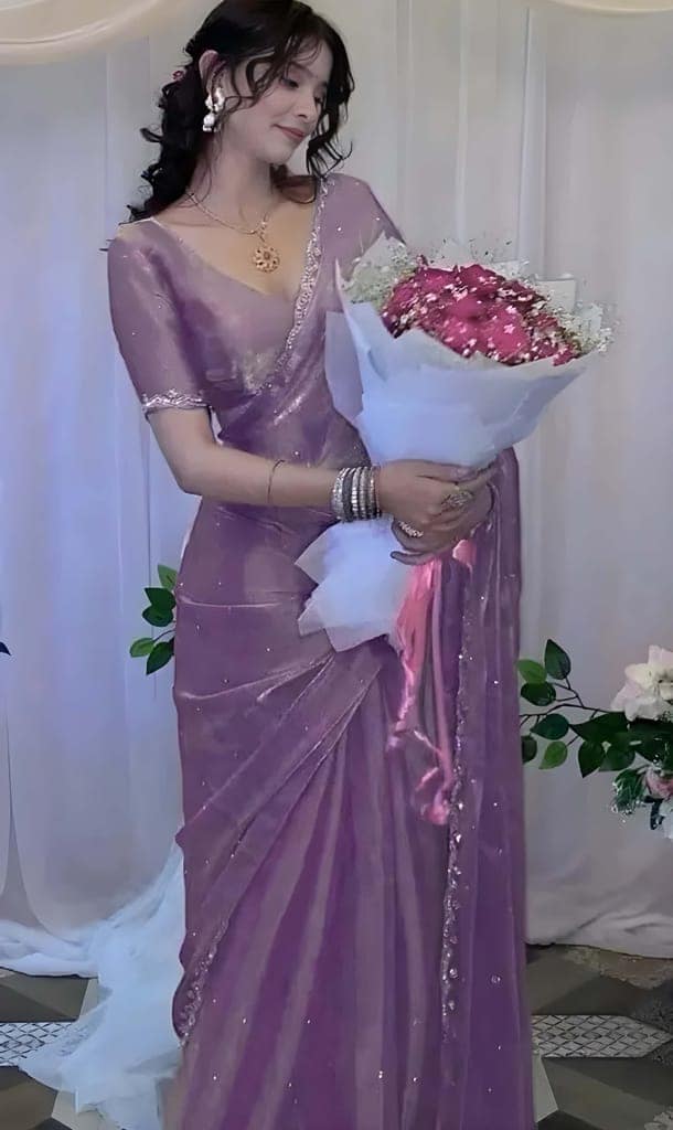 Women's Lavender Organza Silk Saree with Sequins Work | Designer Party Wear Saree with Matching Blouse Piece | Elegant Ethnic Wear view 3