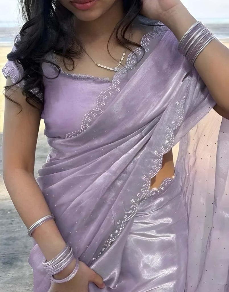 Women's Lavender Organza Silk Saree with Sequins Work | Designer Party Wear Saree with Matching Blouse Piece | Elegant Ethnic Wear view 4