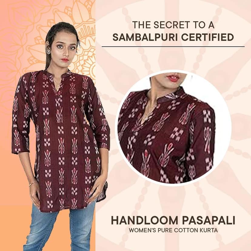GHL GUENDICHA HAAT Sambalpuri Certified Handloom Women's Pure Cotton High Neck Kurta view 6