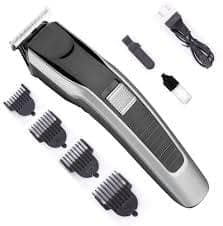 Professional Cordless Hair Trimmer for Men with 4 Guide Combs, Cleaning Brush and Charging Cable, Black & Silver