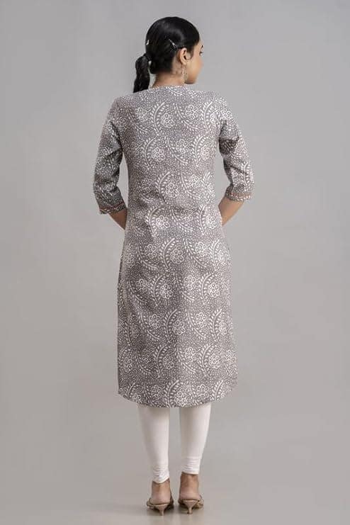 Indian Knots Kantha Printed Grey Kurti with Orange Thread Work view 5