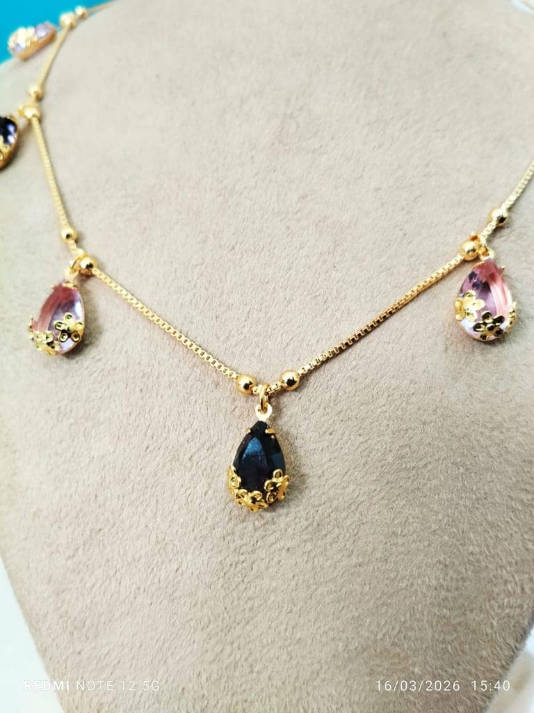 Gold-Plated Necklace with Pink & Black Teardrop Charms view 2