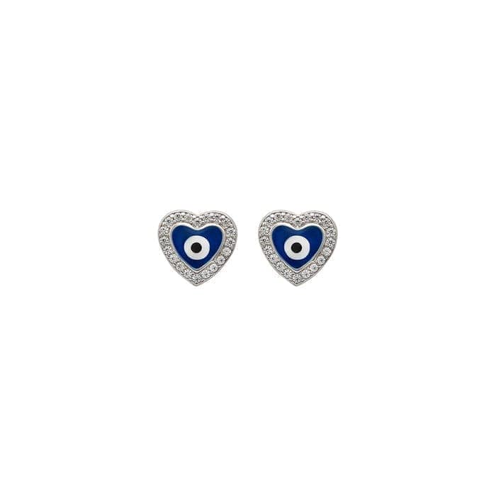 Silver Blue Heart Evil Eye Stud