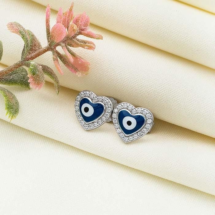 Silver Blue Heart Evil Eye Stud view 3