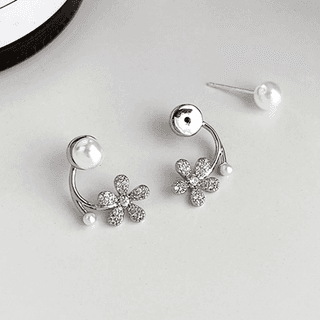 CHASAU Silver Tone Pearl and Crystal Flower Front Back Earrings