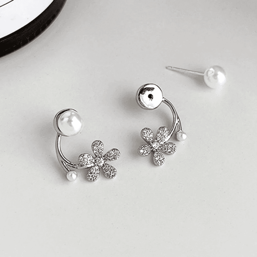 CHASAU Silver Tone Pearl and Crystal Flower Front Back Earrings