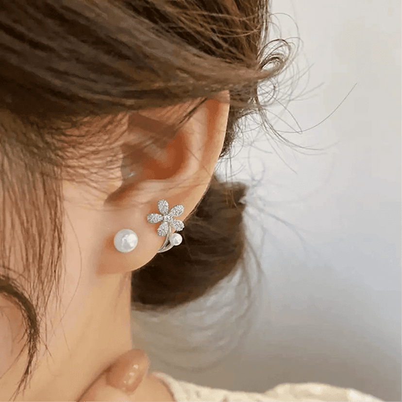 CHASAU Silver Tone Pearl and Crystal Flower Front Back Earrings view 4