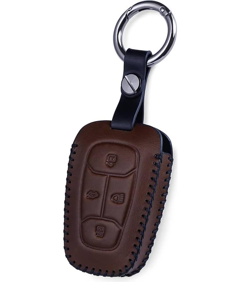 Car Styling Soft Handmade Leather Key Cover Compatible with TATA NEXON, Harrier, ALTROZ, TIGOR BS6, Safari 2021 Safari Gold, Punch 4 Button Smart Key