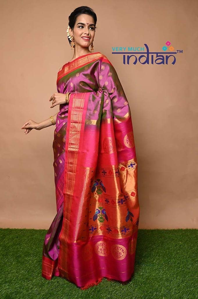 Pure Silk Handloom Maharani Paithani - Dual Tone Pink Saree with Gold and Pink Border(Available in Peacock Buttis with Meenawork) view 2
