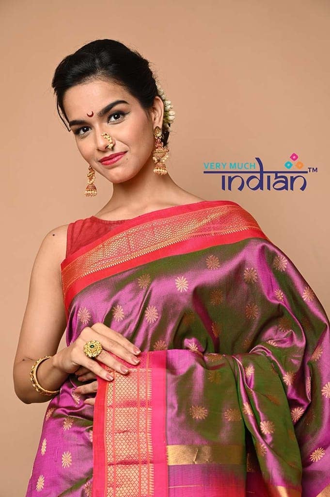 Pure Silk Handloom Maharani Paithani - Dual Tone Pink Saree with Gold and Pink Border(Available in Peacock Buttis with Meenawork) view 5