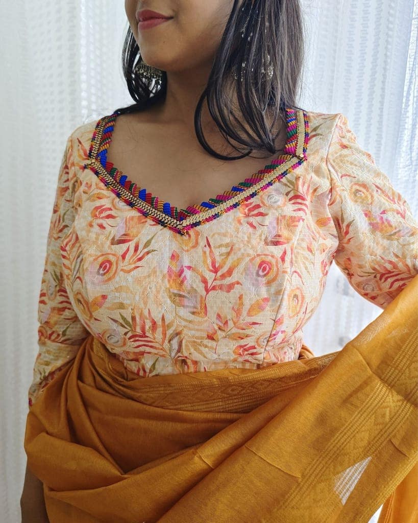 Crepe Silk Stitched Blouse Peach Color Floral Print-7978 view 2