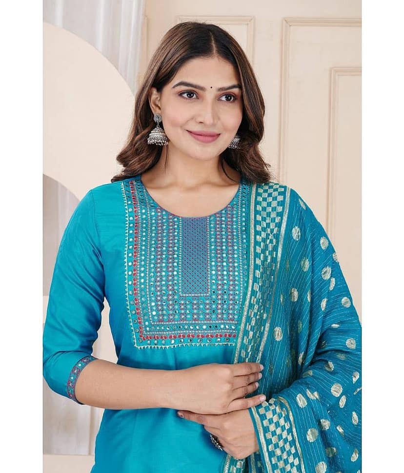 EXPORTHOUSE Silk Embellished Kurti With Pants Women's Stitched Salwar Suit - Turquoise ( Pack of 1 ) view 2