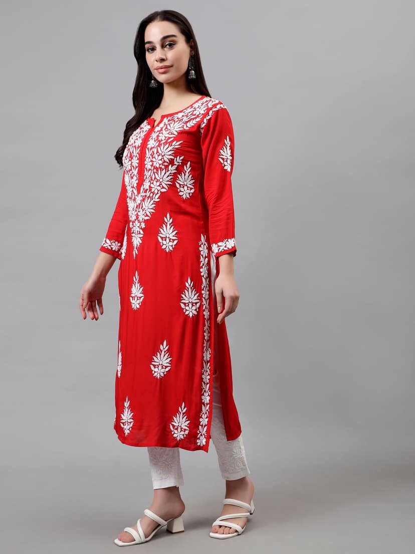 Seva Chikan Ghass Patti Chikankari Red Modal Kurta view 2