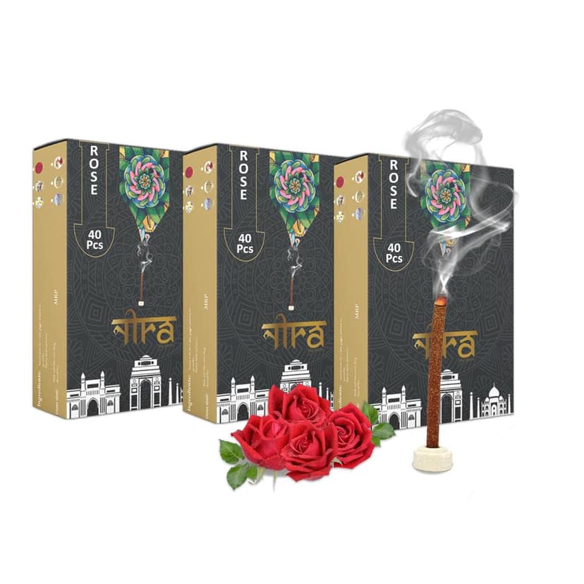 NIRA Fragrances Natural & Organic Rose Long Lasting Fragrance Cow Dung Dhoop Sticks for Pooja 120 Pices Bambooless charcoal free Incense Sticks for Ideal for Prayers Free Dhup Stick Stand