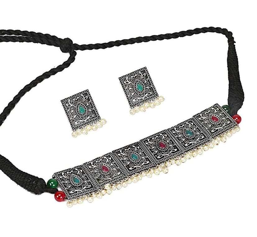 Pujvi Fashions Oxidised Seven Square Multicolor choker Necklace set view 2