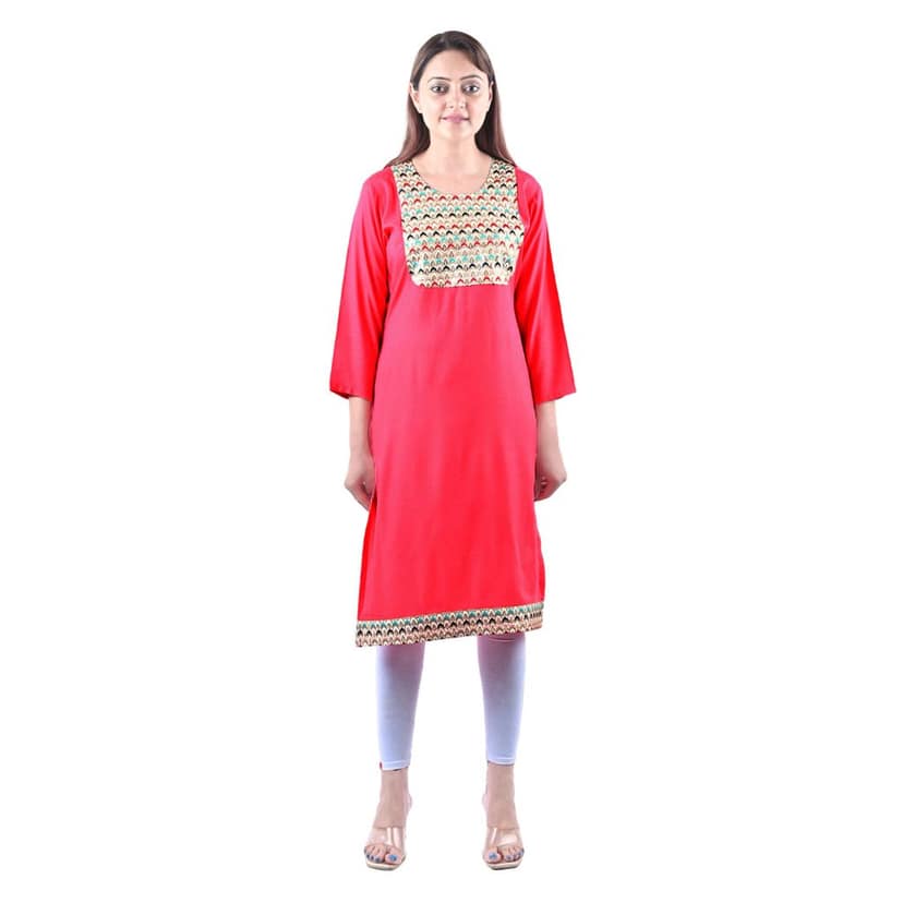 Cotton Rayon Mix Fabric Zari Hand Embriodered Kurti Pink Women's