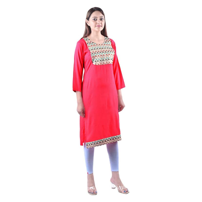 Cotton Rayon Mix Fabric Zari Hand Embriodered Kurti Pink Women's view 2