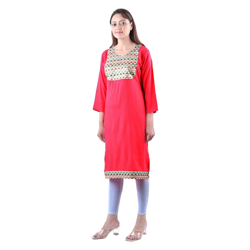 Cotton Rayon Mix Fabric Zari Hand Embriodered Kurti Pink Women's view 3