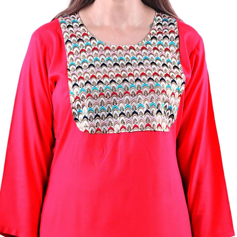 Cotton Rayon Mix Fabric Zari Hand Embriodered Kurti Pink Women's view 5